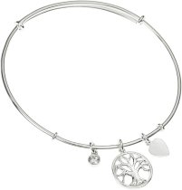 925 Sterling Silver Round Family Tree Dangle Charm Clear CZ Crystal Adjustable Cuff Bracelet Wristband Bangle