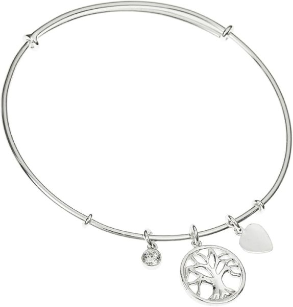 925 Sterling Silver Round Family Tree Dangle Charm Clear CZ Crystal Adjustable Cuff Bracelet Wristband Bangle