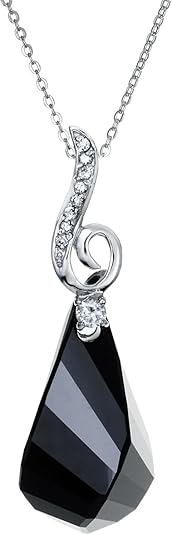 Helix Jet Black Teardrop Pendant w/ Rhodium on Sterling Silver Adjustable Chain Necklace 16" with 2" Extender 18" Using Swarovski Elements Crystal