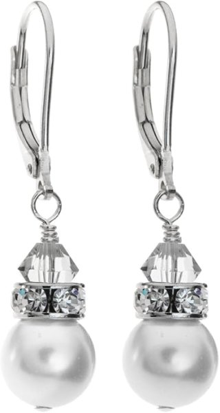 Sterling Silver Leverback Dangle Earrings with 8mm Swarovski Crystal Pearls