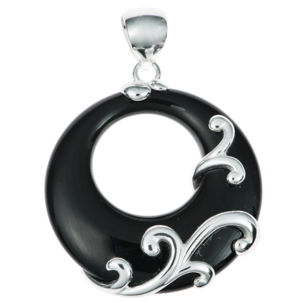 Sterling Silver Filigree Flower Round Black Onyx Pendant 35mm