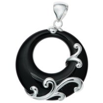 Sterling Silver Filigree Flower Round Black Onyx Pendant 35mm