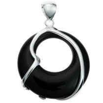 Sterling Silver Filigree Flower Round Black Onyx Pendant 35mm