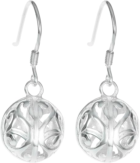 Sterling Silver Round Filigree Flower Ball Dangle Ear Wire French Hook Earring