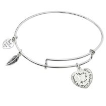 Sterling Silver Christian Cross with God All Things Are Possible Heart Leaf Dangle Charm Adjustable Wire Bangle Bracelet