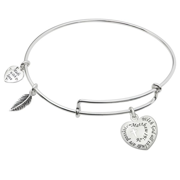 Sterling Silver Christian Cross with God All Things Are Possible Heart Leaf Dangle Charm Adjustable Wire Bangle Bracelet