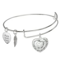 Sterling Silver Christian Cross with God All Things Are Possible Heart Leaf Dangle Charm Adjustable Wire Bangle Bracelet