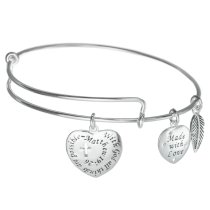 Sterling Silver Christian Cross with God All Things Are Possible Heart Leaf Dangle Charm Adjustable Wire Bangle Bracelet