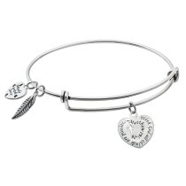 Sterling Silver Christian Cross with God All Things Are Possible Heart Leaf Dangle Charm Adjustable Wire Bangle Bracelet