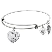 Sterling Silver Christian Cross with God All Things Are Possible Heart Leaf Dangle Charm Adjustable Wire Bangle Bracelet