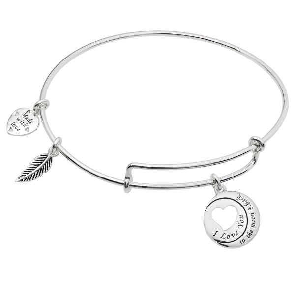 Sterling Silver I Love You to the Moon & Back Heart Leaf Dangle Charm Adjustable Wire Bangle Bracelet