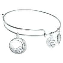 Sterling Silver I Love You to the Moon & Back Heart Leaf Dangle Charm Adjustable Wire Bangle Bracelet