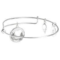 Sterling Silver I Love You to the Moon & Back Heart Leaf Dangle Charm Adjustable Wire Bangle Bracelet