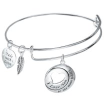 Sterling Silver I Love You to the Moon & Back Heart Leaf Dangle Charm Adjustable Wire Bangle Bracelet