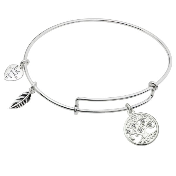 Sterling Silver Clear Rhinestone Round Family Tree Dangle Heart Leaf Charm Adjustable Wire Bangle Bracelet