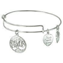 Sterling Silver Clear Rhinestone Round Family Tree Dangle Heart Leaf Charm Adjustable Wire Bangle Bracelet
