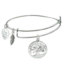 Sterling Silver Clear Rhinestone Round Family Tree Dangle Heart Leaf Charm Adjustable Wire Bangle Bracelet