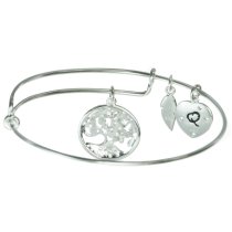Sterling Silver Clear Rhinestone Round Family Tree Dangle Heart Leaf Charm Adjustable Wire Bangle Bracelet