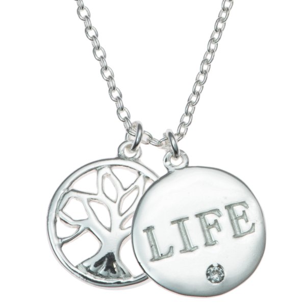 925 Sterling Silver Family Tree Life Clear CZ Crystal Pendant Rolo Chain Necklace 16"+1" Extender
