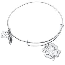 Sterling Silver 4 Leaf Clover Heart Friends Forever Today Tomorrow Always Dangle Charm Adjustable Wire Bangle Bracelet