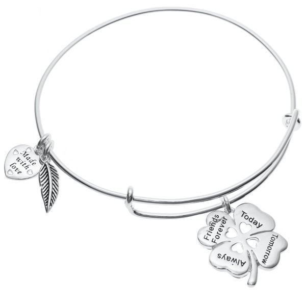 Sterling Silver 4 Leaf Clover Heart Friends Forever Today Tomorrow Always Dangle Charm Adjustable Wire Bangle Bracelet