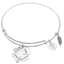 Sterling Silver 4 Leaf Clover Heart Friends Forever Today Tomorrow Always Dangle Charm Adjustable Wire Bangle Bracelet