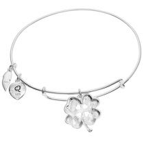 Sterling Silver 4 Leaf Clover Heart Friends Forever Today Tomorrow Always Dangle Charm Adjustable Wire Bangle Bracelet