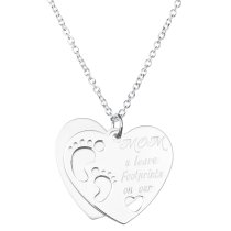 Sterling Silver Love Mom U Leave Footprint on Our Heart Dangle Pendant Rolo Chain Necklace 16 Inches