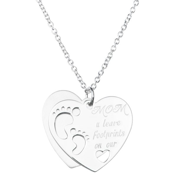 Sterling Silver Love Mom U Leave Footprint on Our Heart Dangle Pendant Rolo Chain Necklace 16 Inches