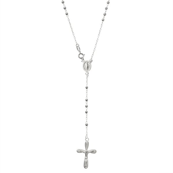 Sterling Silver 3mm Round Bead Jesus Christ Crucifix Cross Mother Mary Medal Rosary Necklace 26 Inches