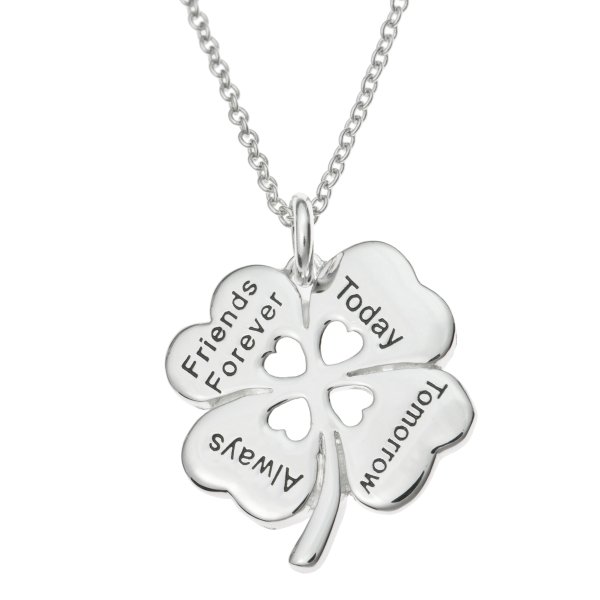 Sterling Silver 4 Leaf Clover Friends Forever Today Tomorrow Always Heart Charm Pendant Chain Necklace 16"+2" Extender