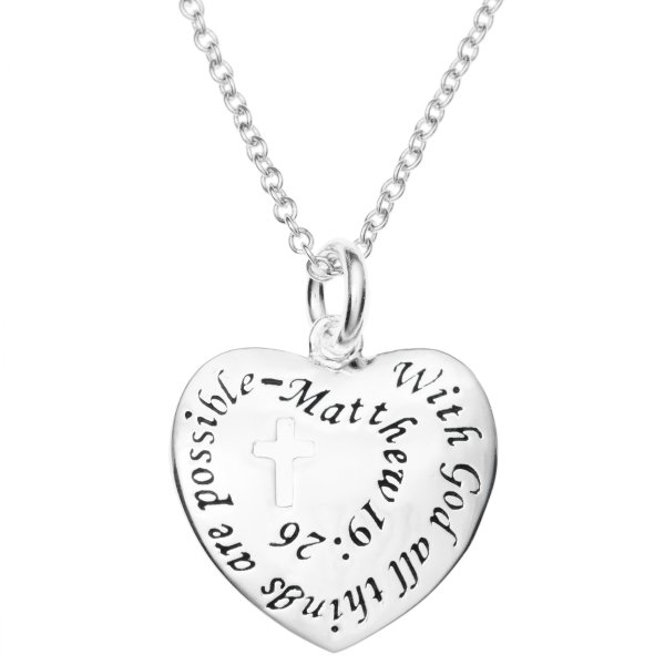 Sterling Silver with God All Things Are Possible Heart Charm Pendant Chain Necklace 16"+2" Extender