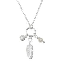 Sterling Silver Feather Natural Fresh Water Pearl Round CZ Crystal Dangle Chain Necklace 16″+1″ Extender
