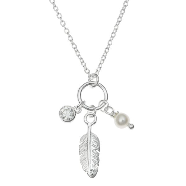 Sterling Silver Feather Natural Fresh Water Pearl Round CZ Crystal Dangle Chain Necklace 16"+1" Extender