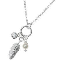 Sterling Silver Feather Natural Fresh Water Pearl Round CZ Crystal Dangle Chain Necklace 16"+1" Extender