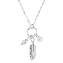 Sterling Silver Feather Natural Fresh Water Pearl Round CZ Crystal Dangle Chain Necklace 16"+1" Extender