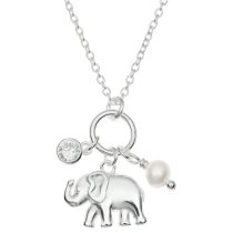 Sterling Silver Luck Elephant Natural Fresh Water Pearl Round Clear CZ Dangle Charm Chain Necklace 16 Inches + 1 Inch Extender