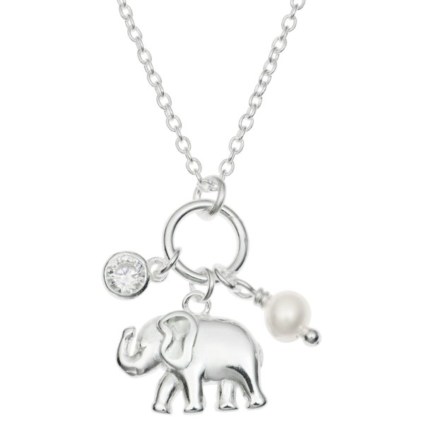 Sterling Silver Luck Elephant Natural Fresh Water Pearl Round Clear CZ Dangle Charm Chain Necklace 16 Inches + 1 Inch Extender