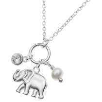 Sterling Silver Luck Elephant Natural Fresh Water Pearl Round Clear CZ Dangle Charm Chain Necklace 16 Inches + 1 Inch Extender