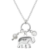 Sterling Silver Luck Elephant Natural Fresh Water Pearl Round Clear CZ Dangle Charm Chain Necklace 16 Inches + 1 Inch Extender