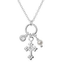 Sterling Silver Crucifix Cross Faith Natural Fresh Water Pearl Round Clear CZ Dangle Pendant Charm Link Necklace Chain 16″ + 1″ Extender
