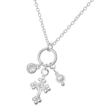 Sterling Silver Crucifix Cross Faith Natural Fresh Water Pearl Round Clear CZ Dangle Pendant Charm Link Necklace Chain 16" + 1" Extender