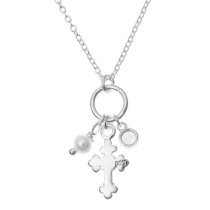 Sterling Silver Crucifix Cross Faith Natural Fresh Water Pearl Round Clear CZ Dangle Pendant Charm Link Necklace Chain 16" + 1" Extender