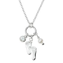 Sterling Silver Mother Baby Fooprint Natural Fresh Water Pearl Round Clear CZ Dangle Pendant Charm Link Necklace Chain 16″ + 1″ Extender