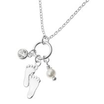 Sterling Silver Mother Baby Fooprint Natural Fresh Water Pearl Round Clear CZ Dangle Pendant Charm Link Necklace Chain 16" + 1" Extender