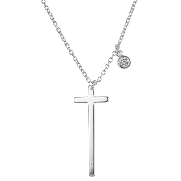 Sterling Silver Christian Cross Faith Round Clear CZ Dangle Charm Chain Necklace 16"+1" Extender