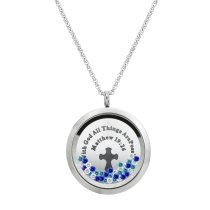 With God All Things Are Possible Floating Locket Crystals Prayer Charm Necklace Pendant