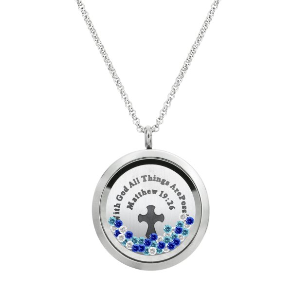 With God All Things Are Possible Floating Locket Crystals Prayer Charm Necklace Pendant