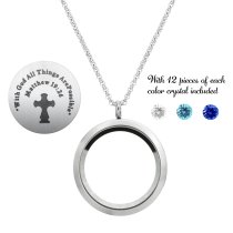 With God All Things Are Possible Floating Locket Crystals Prayer Charm Necklace Pendant
