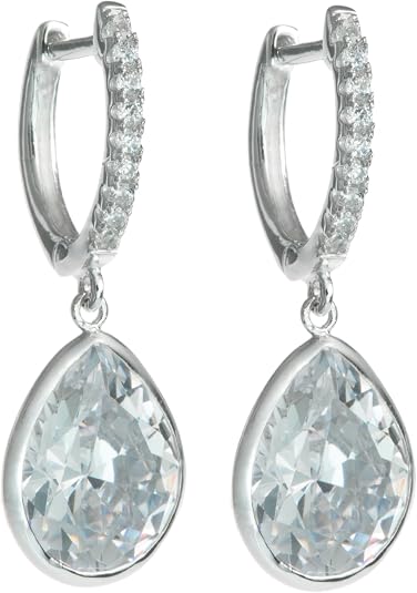 Sterling Silver Teardrop Clear CZ Crystal Charm Hoop Huggie Dangle Earring